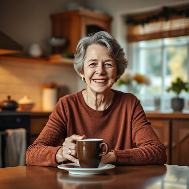 A woman in her 60s smiling warmly at her kitchen table with a cup of coffee